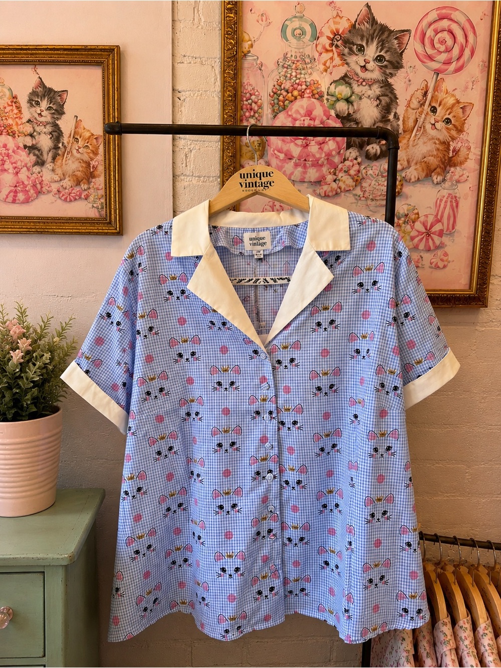 Unique Vintage Button-Up Short Sleeve Shirt | Cat Princess | Blue Gingham | 3XL